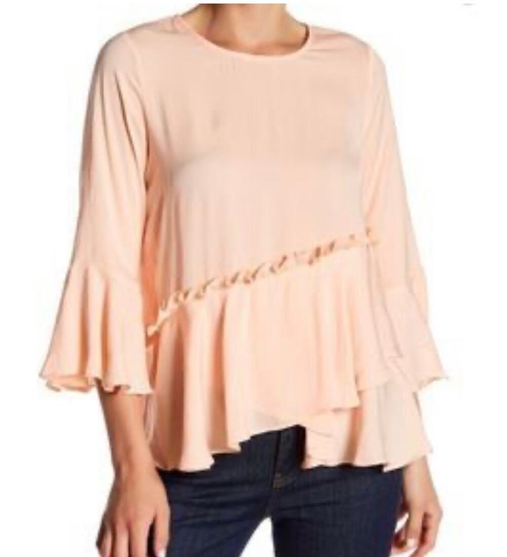 Ro & De Peach Flowy Top 3/4 Bell Sleeve Asymmetrical Ruffle Hem Size L